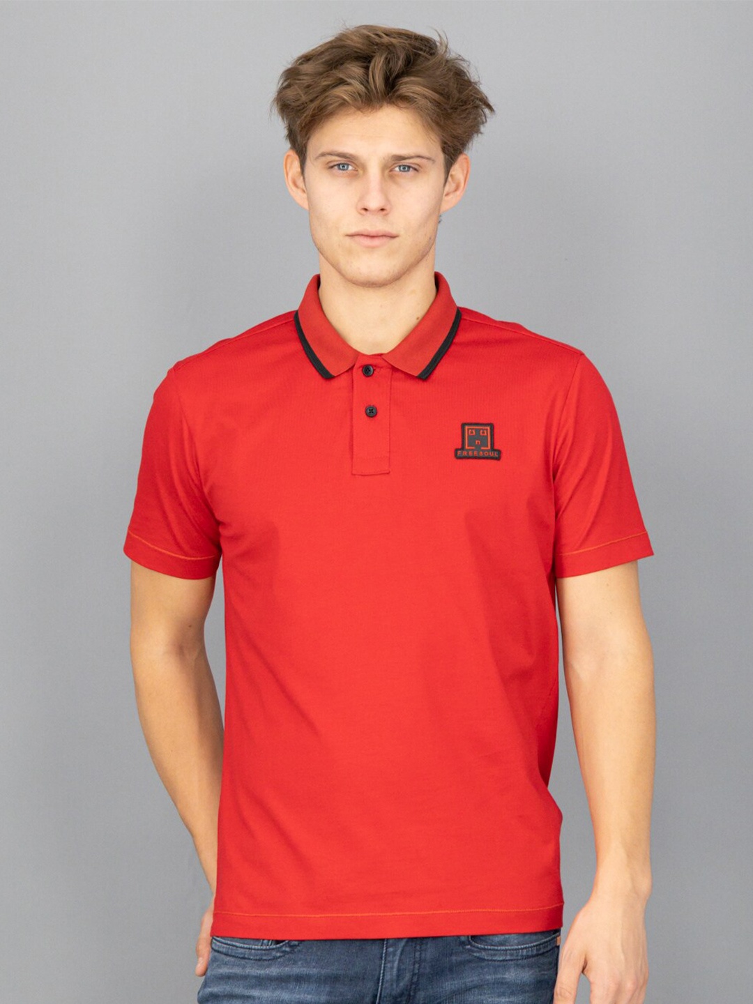 

FREESOUL Men Red Polo Collar Applique Cotton T-shirt