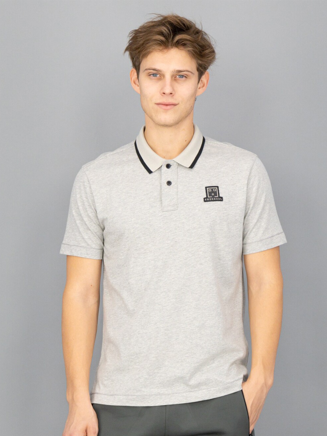 

FREESOUL Men Grey Polo Collar Applique Cotton T-shirt