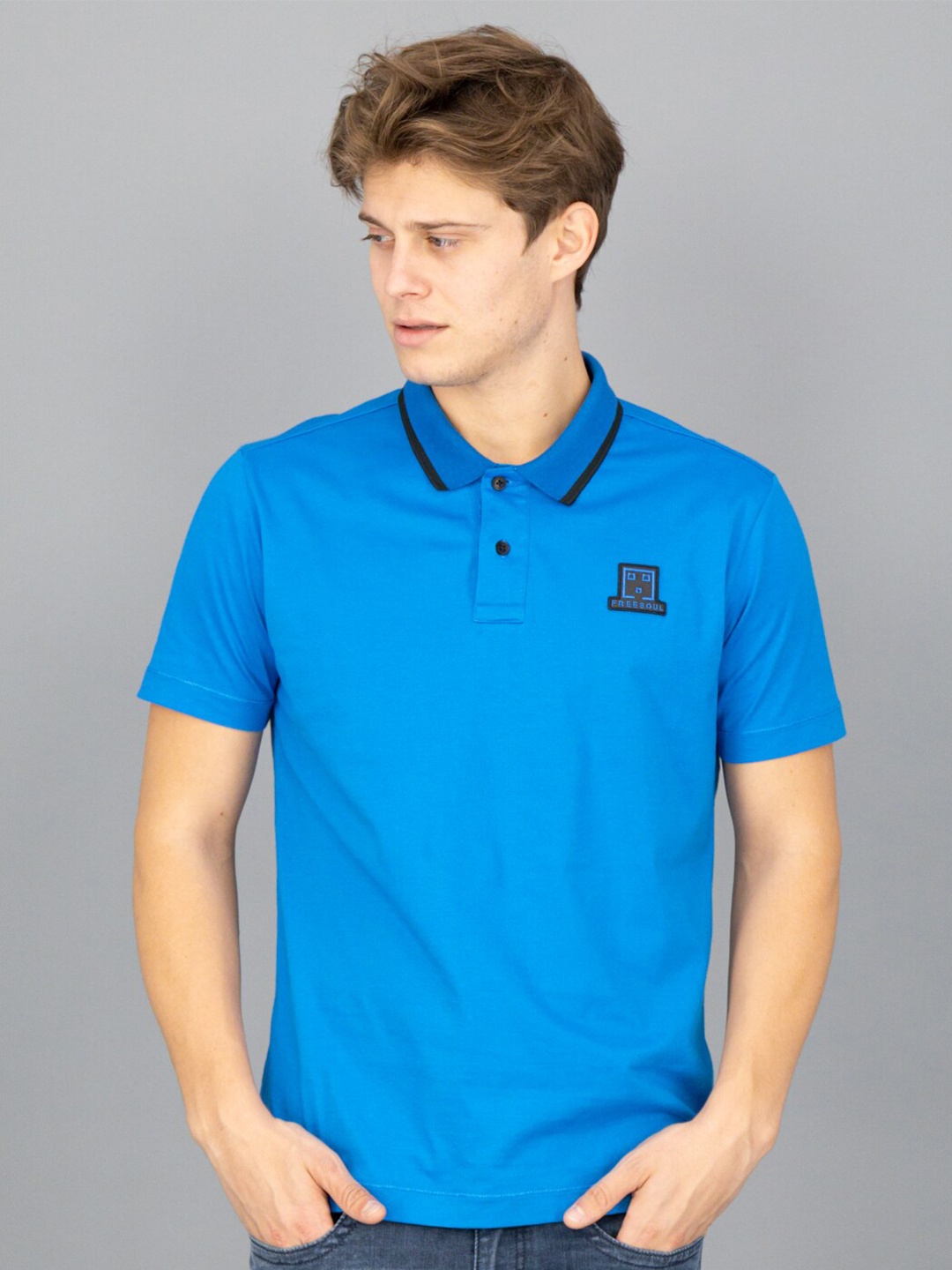 

FREESOUL Men Blue Cotton Polo Collar T-shirt