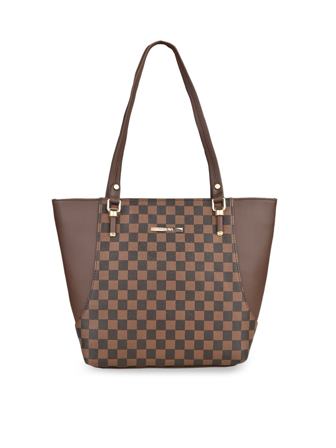 

Rocia Brown Checked PU Structured Shoulder Bag with Cut Work