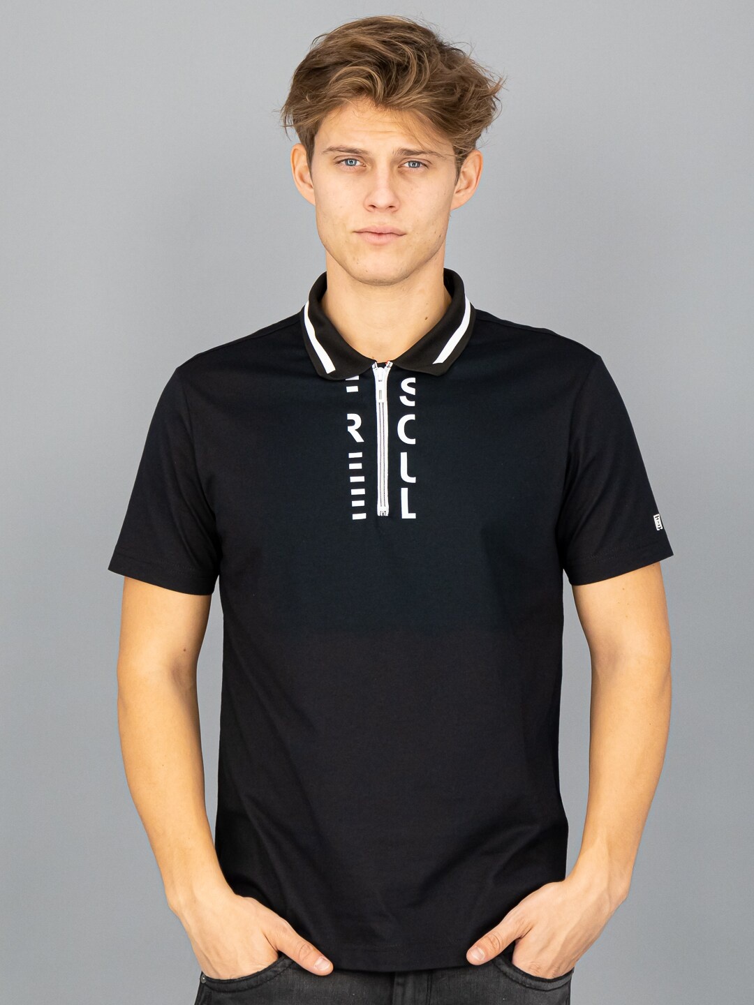 

FREESOUL Men Black & White Printed Cotton Polo Collar T-shirt