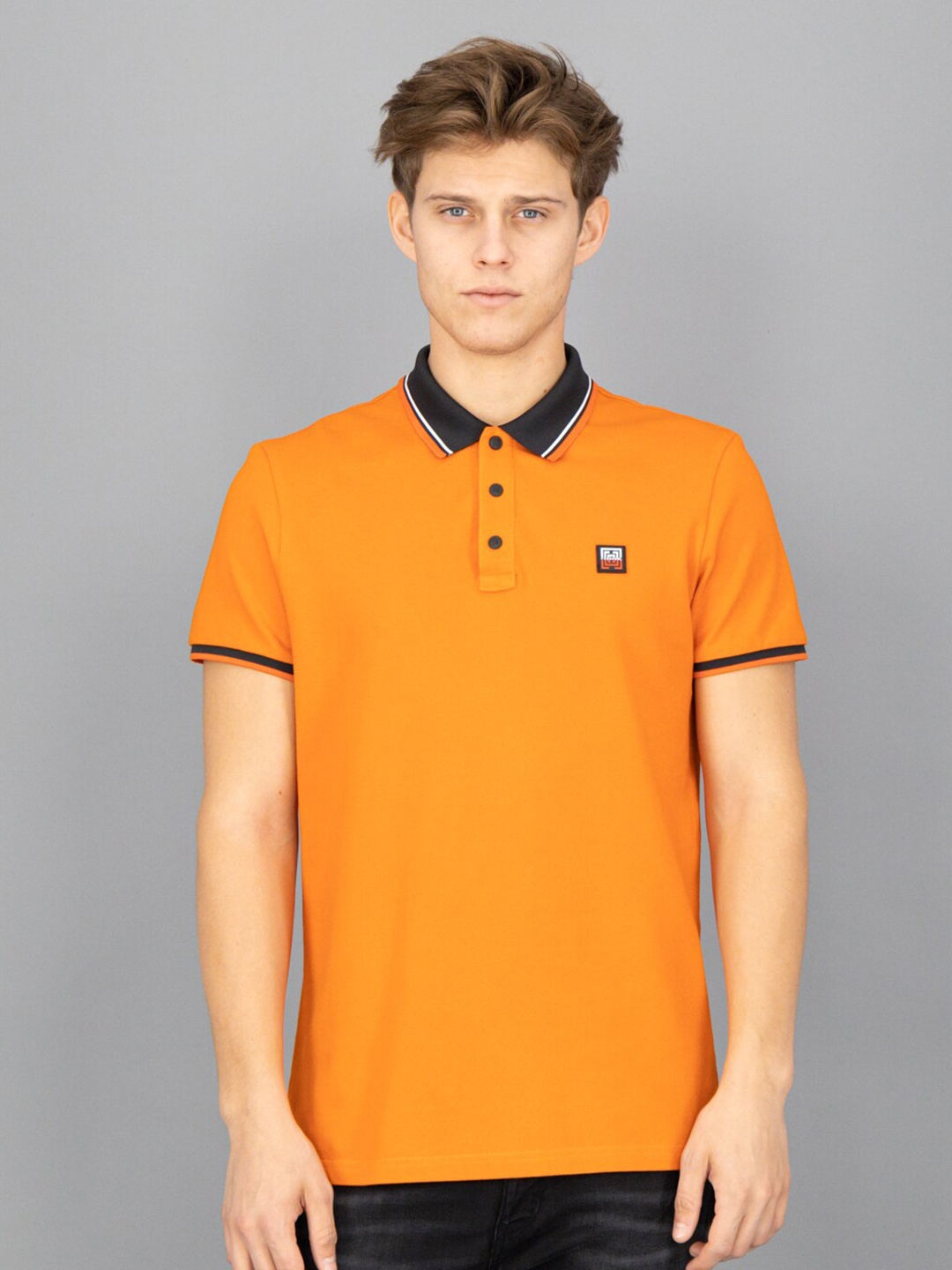 

FREESOUL Men Orange & Black Polo Collar T-shirt