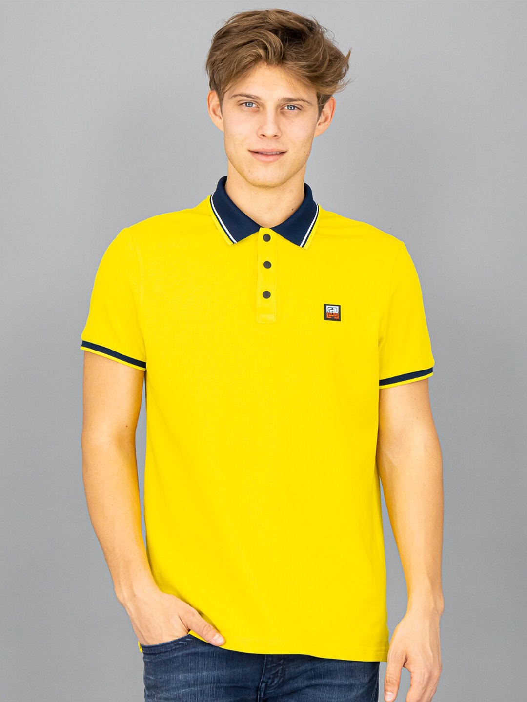 

FREESOUL Men Yellow Polo Collar Pure Cotton T-shirt