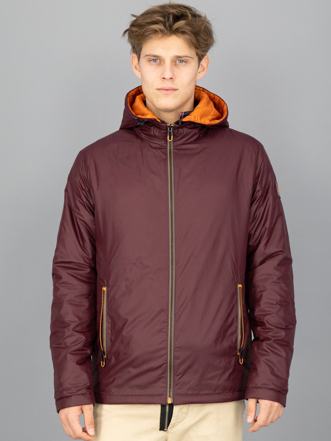 

FREESOUL Men Maroon Solid Long Sleeves Hooded Padded Jacket