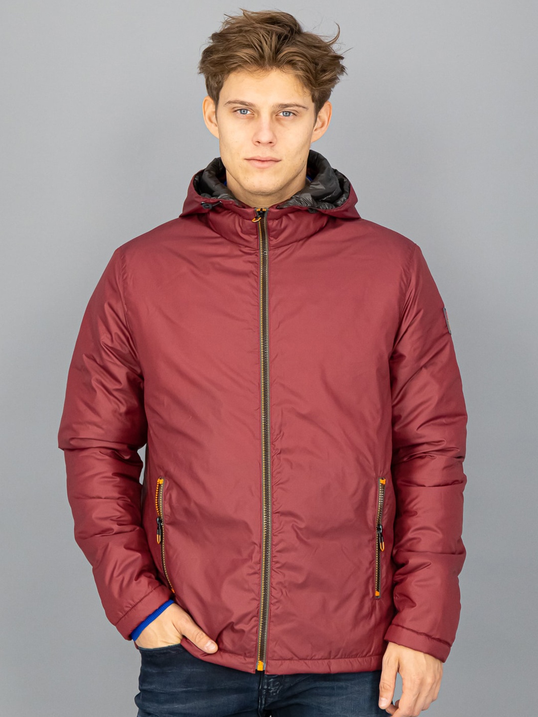 

FREESOUL Men Maroon Solid Hooded Bomber Jacket