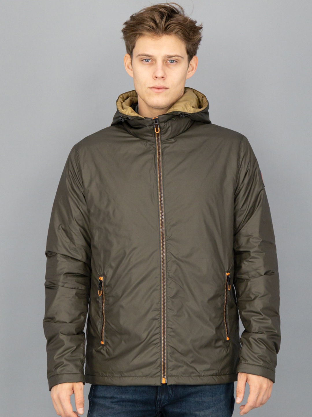 

FREESOUL Men Olive Green Solid Hooded Bomber Jacket