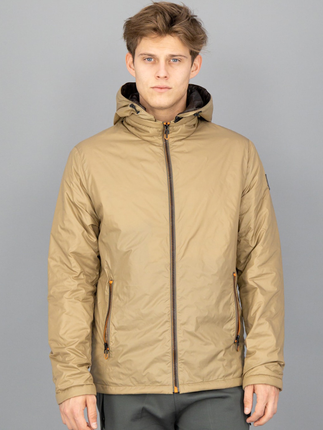 

FREESOUL Men Beige Bomber Hooded Jacket