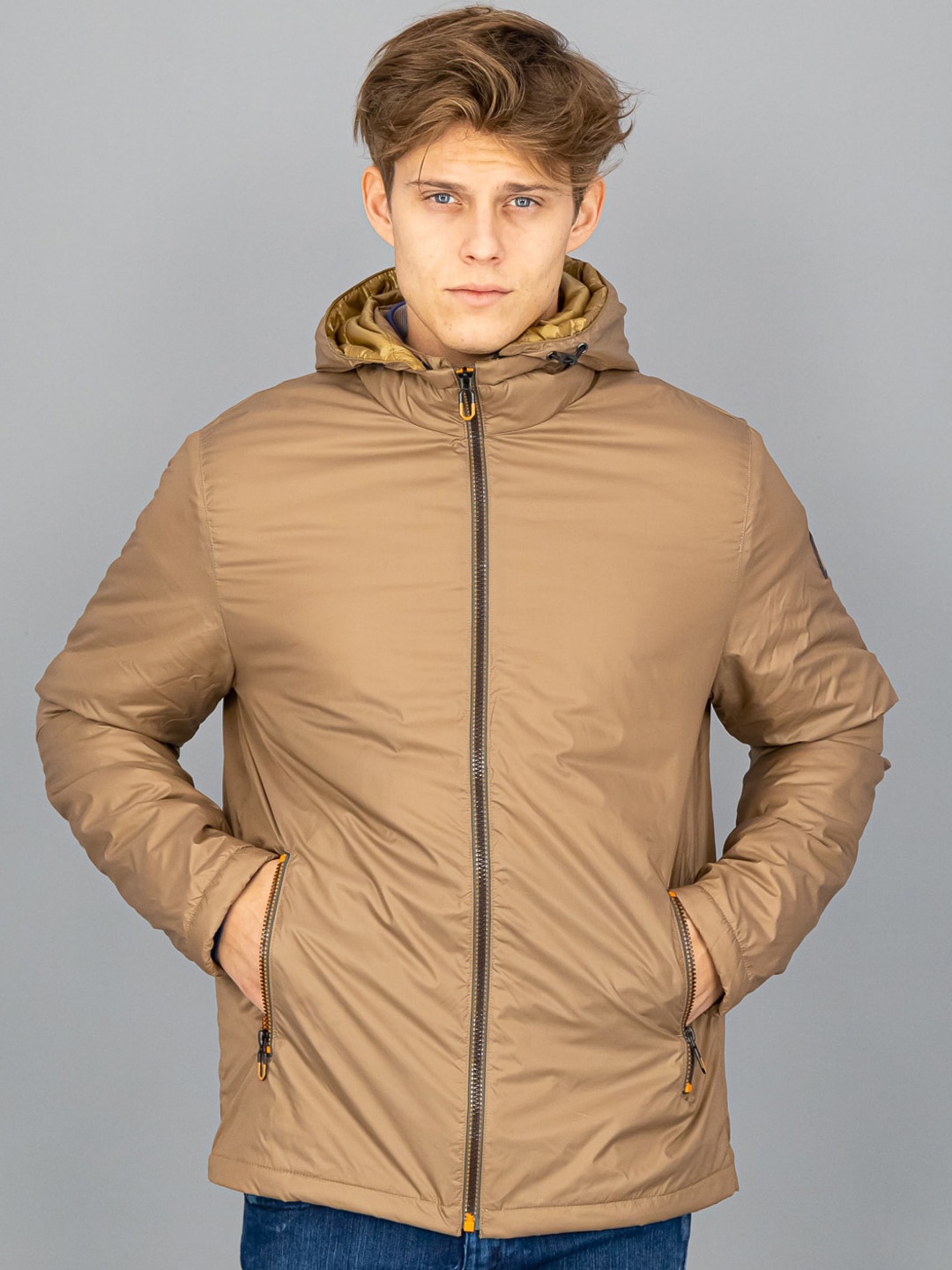 

FREESOUL Men Beige Bomber Hooded Jacket