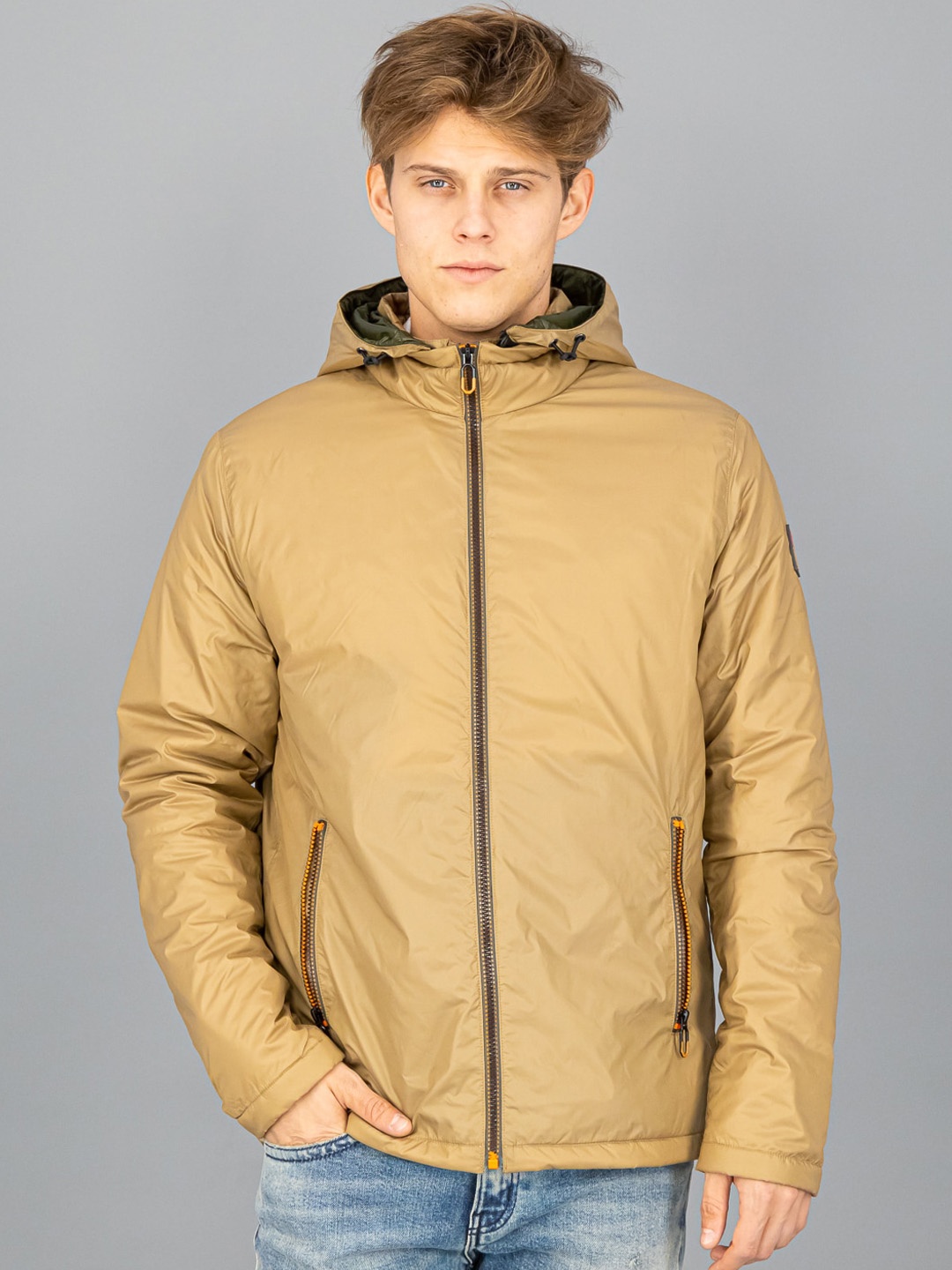 

FREESOUL Men Beige Solid Hooded Bomber Jacket