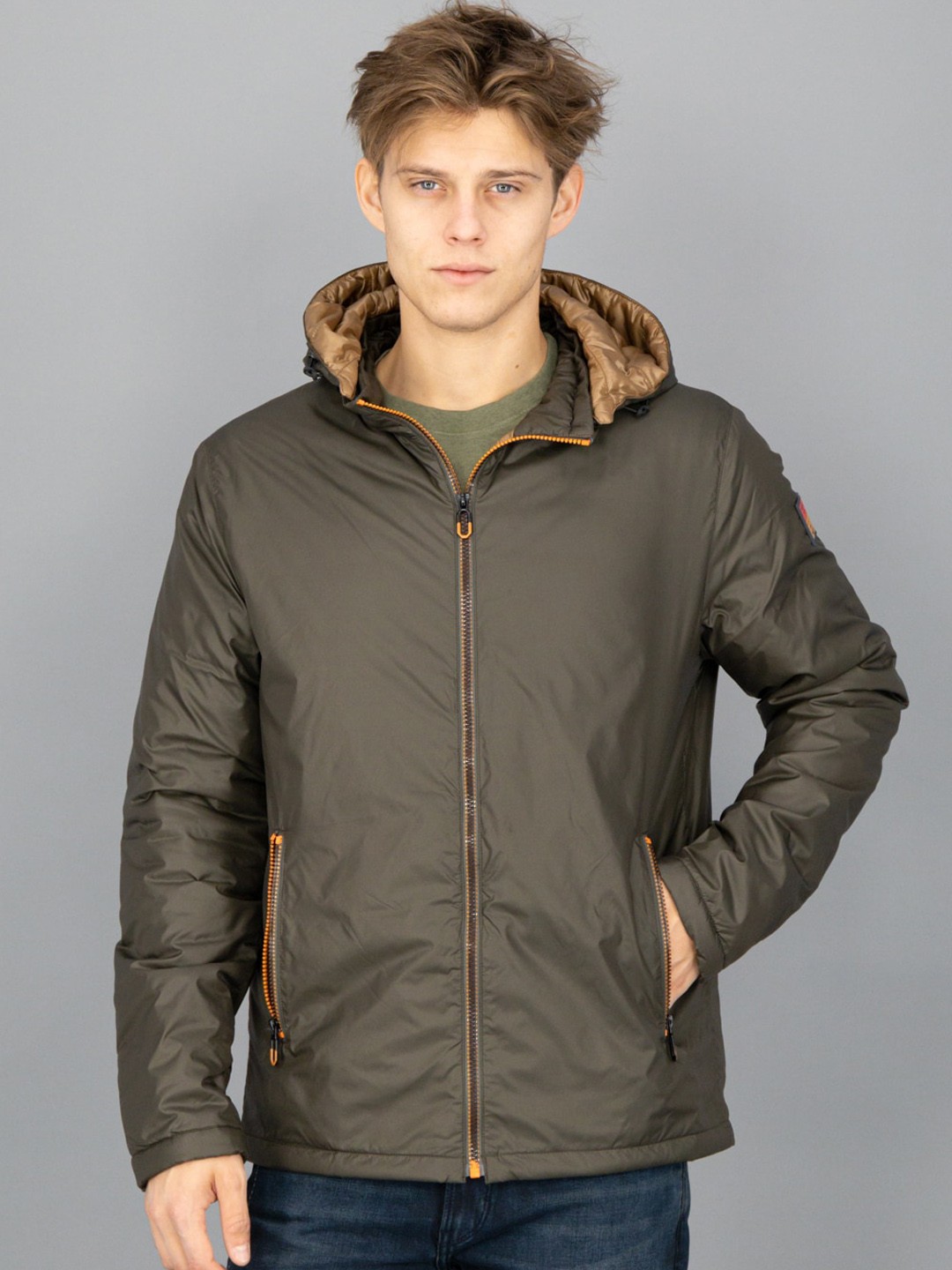 

FREESOUL Men Olive Green Brown Hooded Puffer Jacket