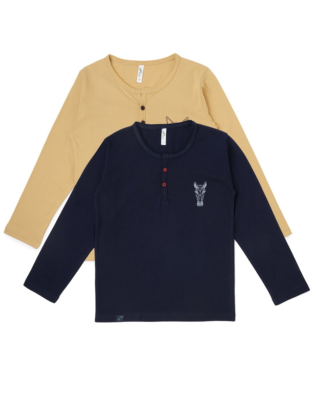 

earth conscious Boys Pack Of 2 Beige & Navy Blue Henley Neck T-shirt
