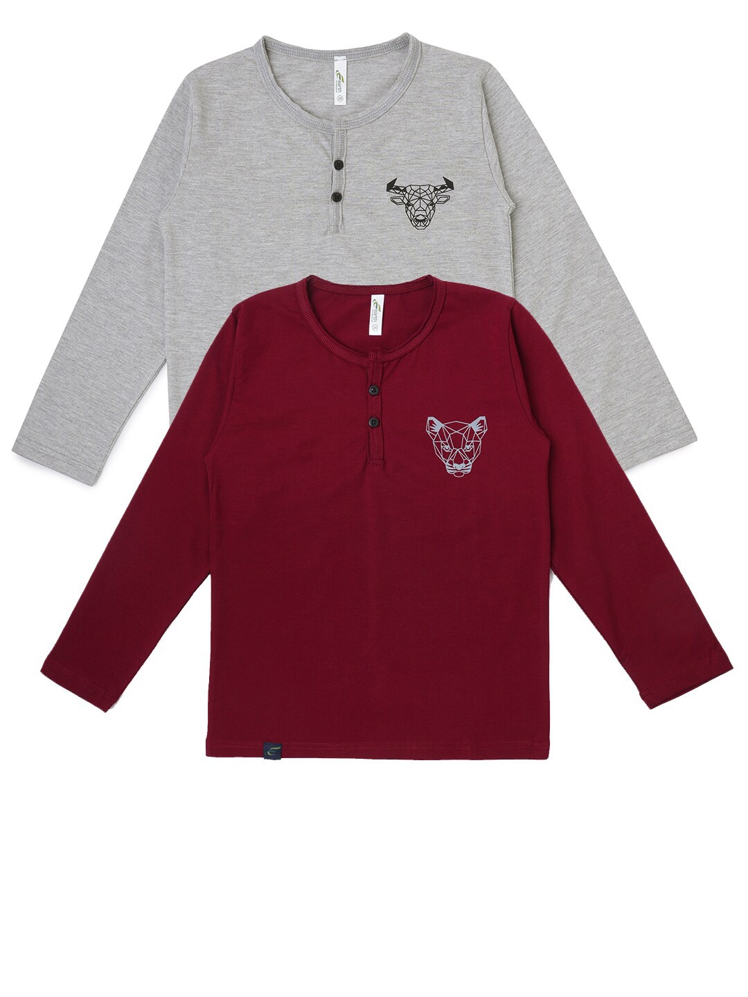 

earth conscious Boys Pack Of 2 Grey Melange & Maroon Long Sleeves Henley Neck T-shirt