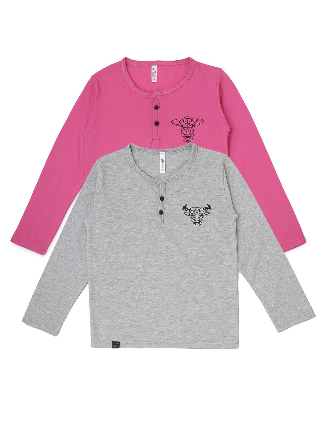 

earth conscious Boys Pack Of 2 Grey & Pink Printed Henley Neck Cotton T-shirt