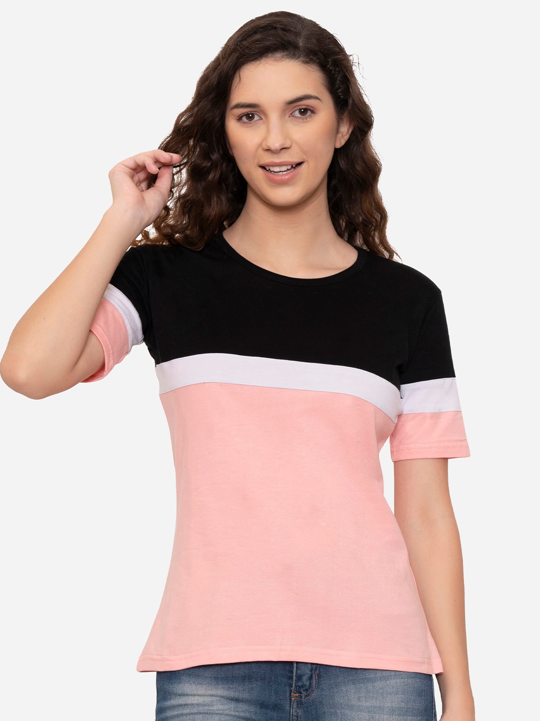 

VIVINKS Women Pink & Black Colourblocked T-shirt