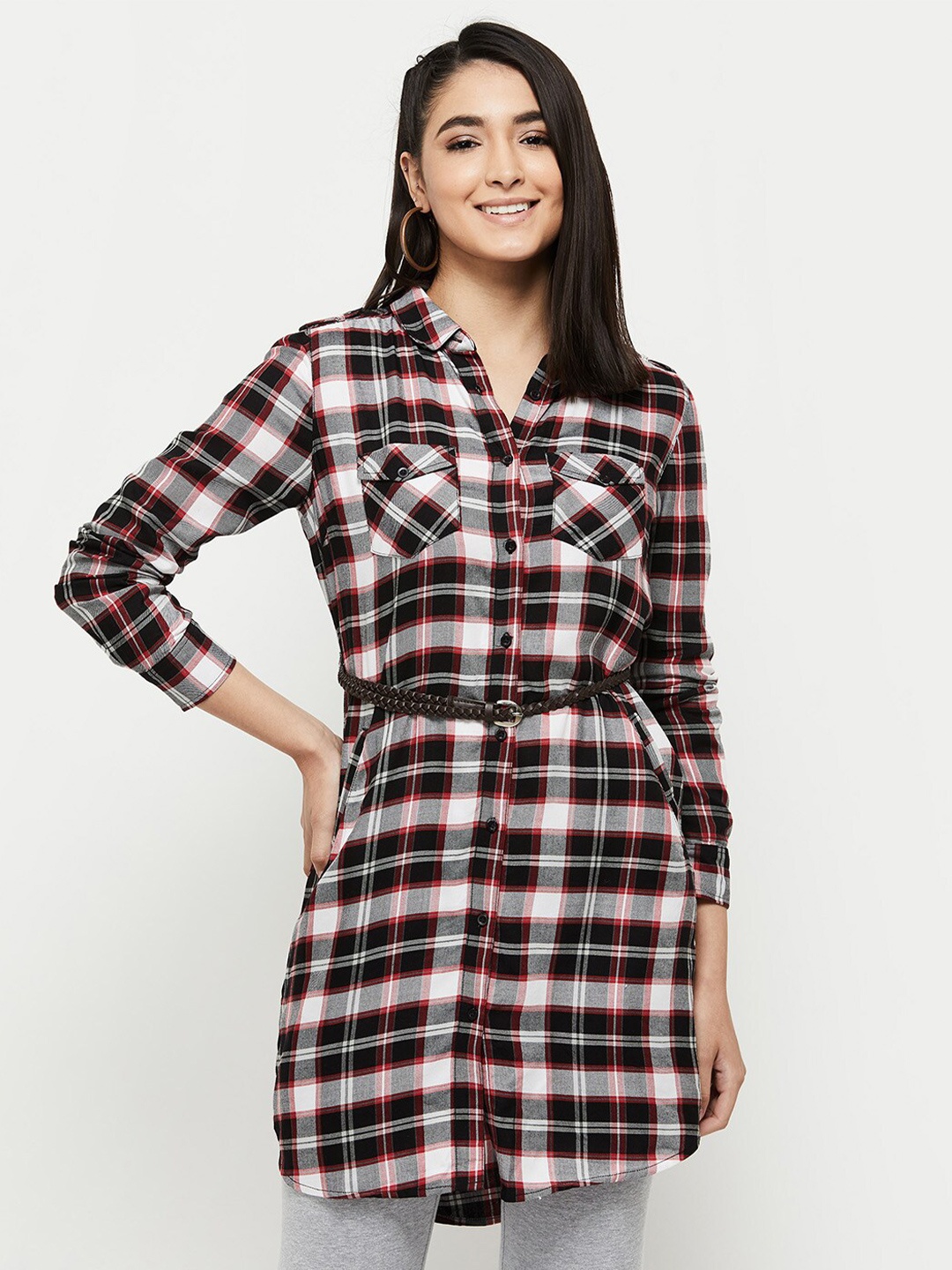 

max Women Black & White Shirt Collar Checked Tunic