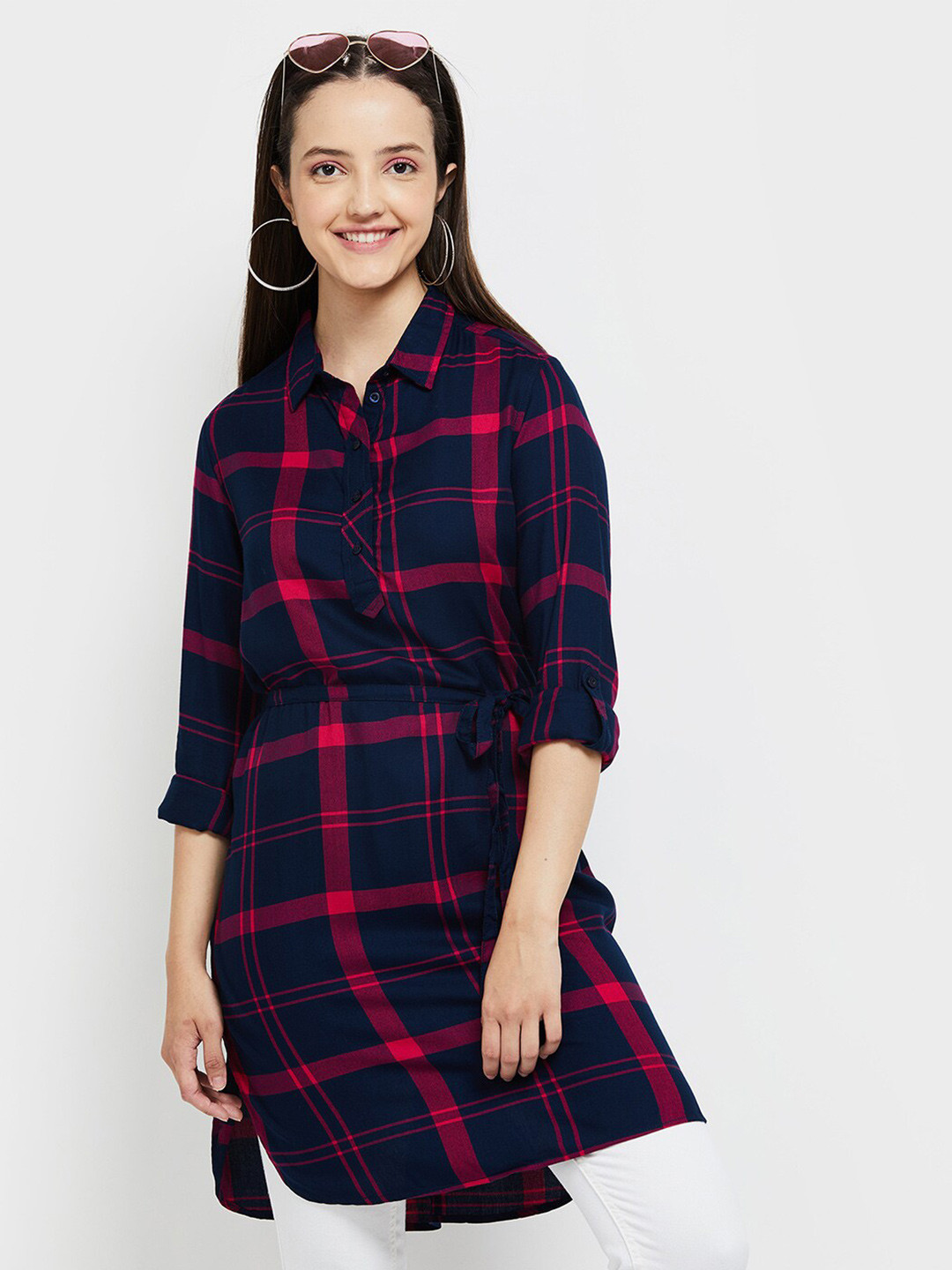 

max Navy Blue & Red Viscose Rayon Shirt Collar Checked Tunic
