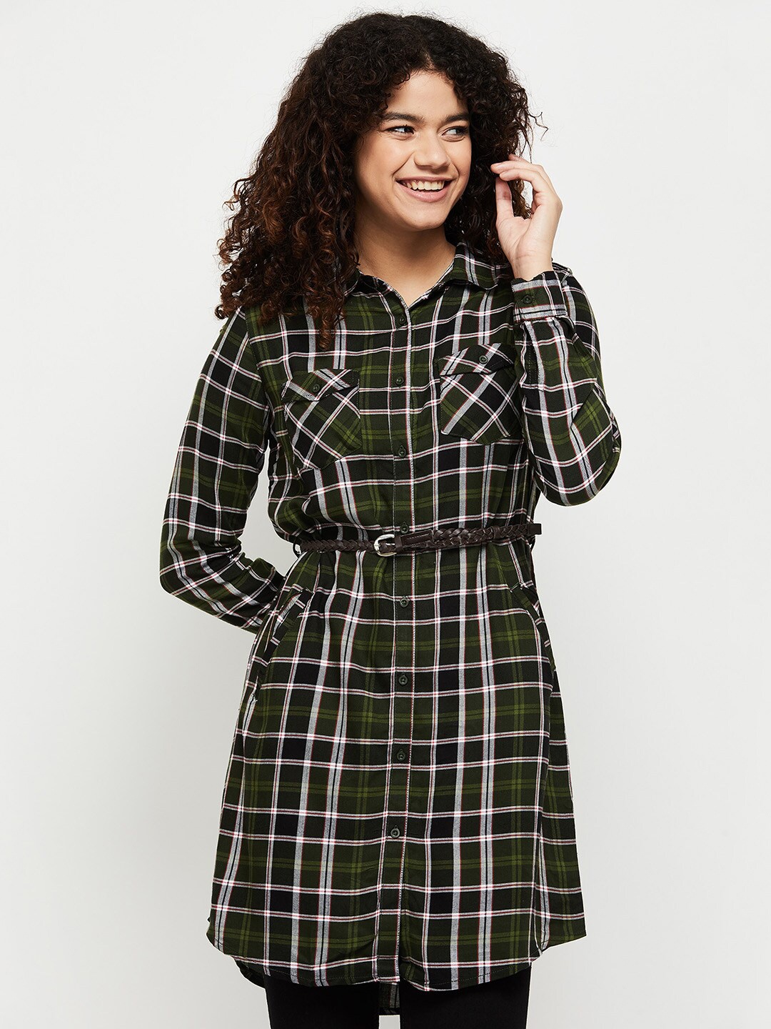 

max Olive Green & White Viscose Rayon Shirt Collar Checked Tunic
