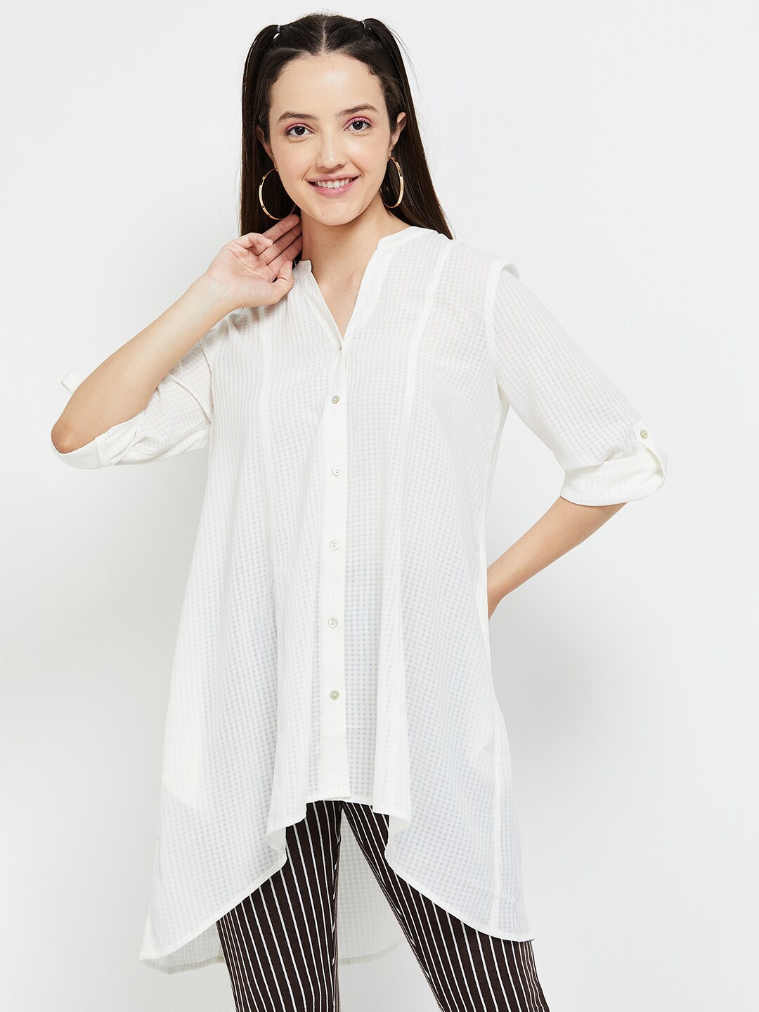 

max Women Cream-Coloured Checked Tunic