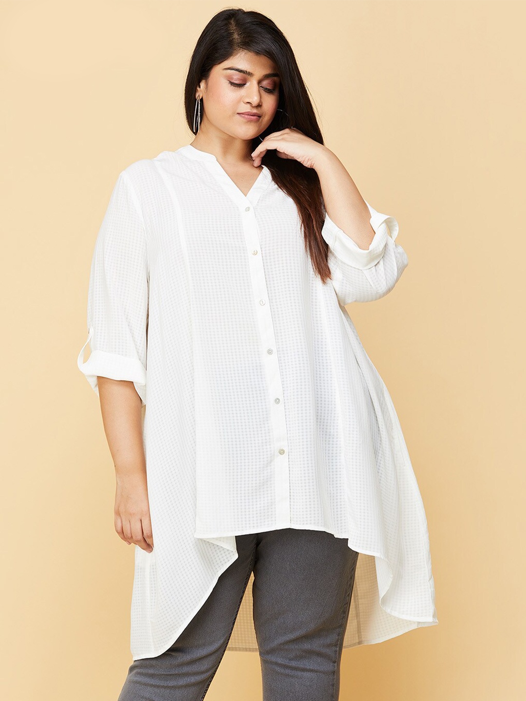 

max Cream-Coloured Mandarin Collar Checked Tunic