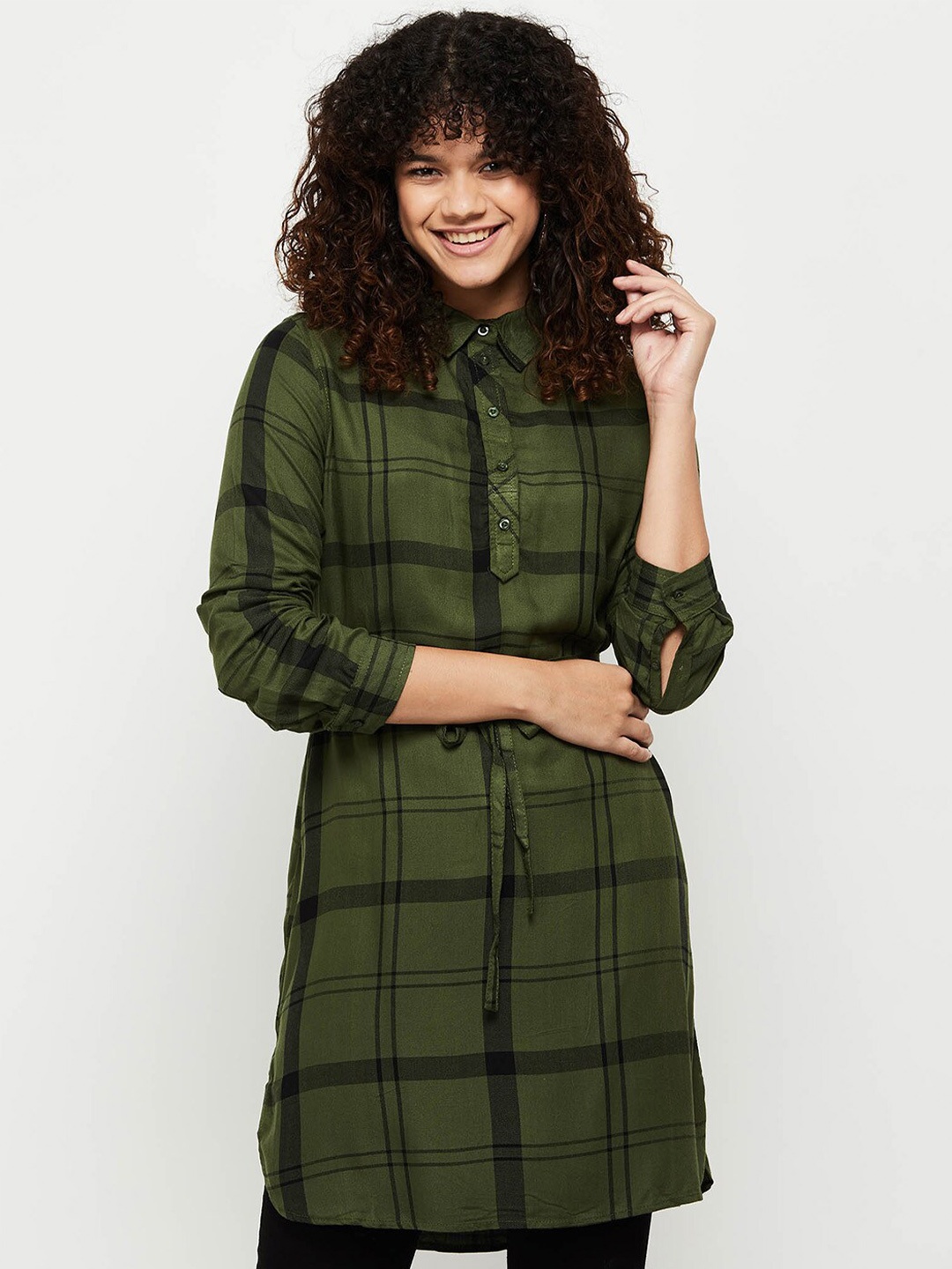 

max Olive Green & Black Viscose Rayon Shirt Collar Checked Tunic