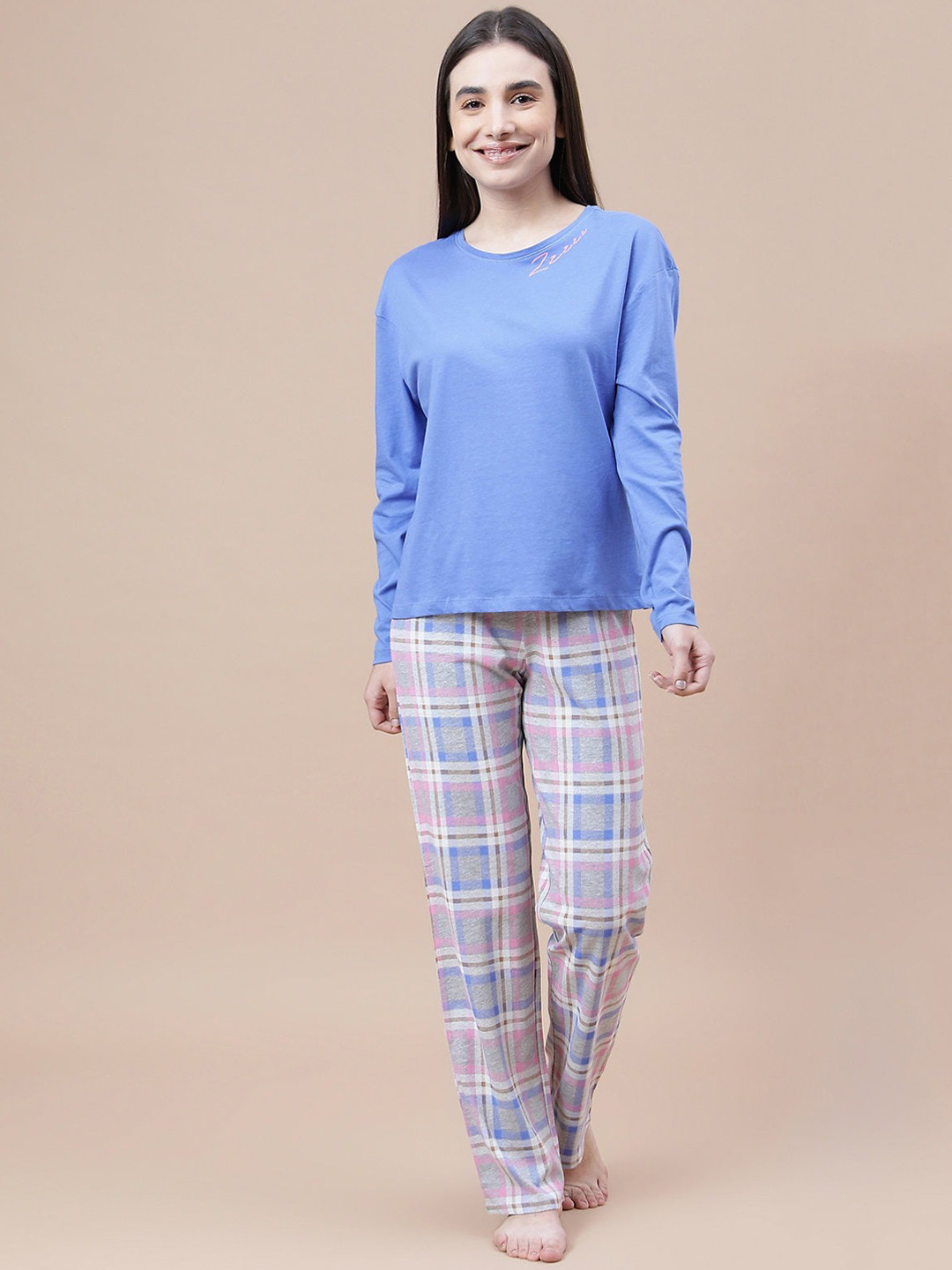 

Marks & Spencer Women Blue & Grey Checked Night suit