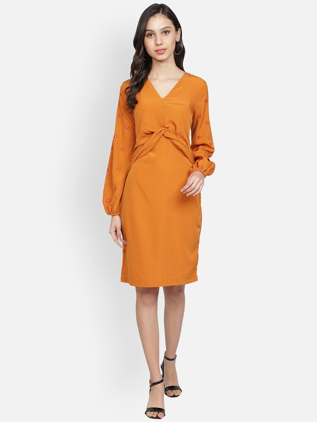 

Sipsew Women Mustard Yellow Solid Crepe A-Line Dress