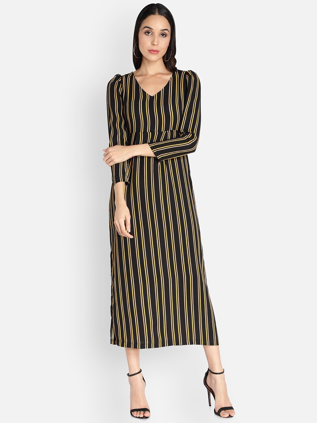 

Sipsew Women Black & Yellow Striped Maxi Dress