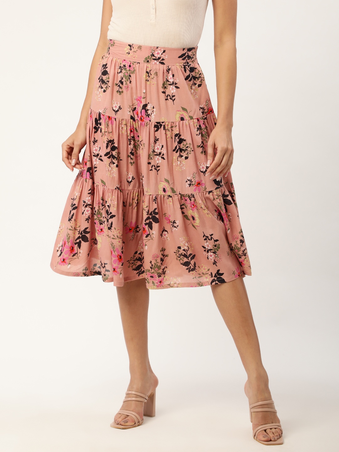 

Alsace Lorraine Paris Pink & Black Floral Printed Tiered Midi Skirt