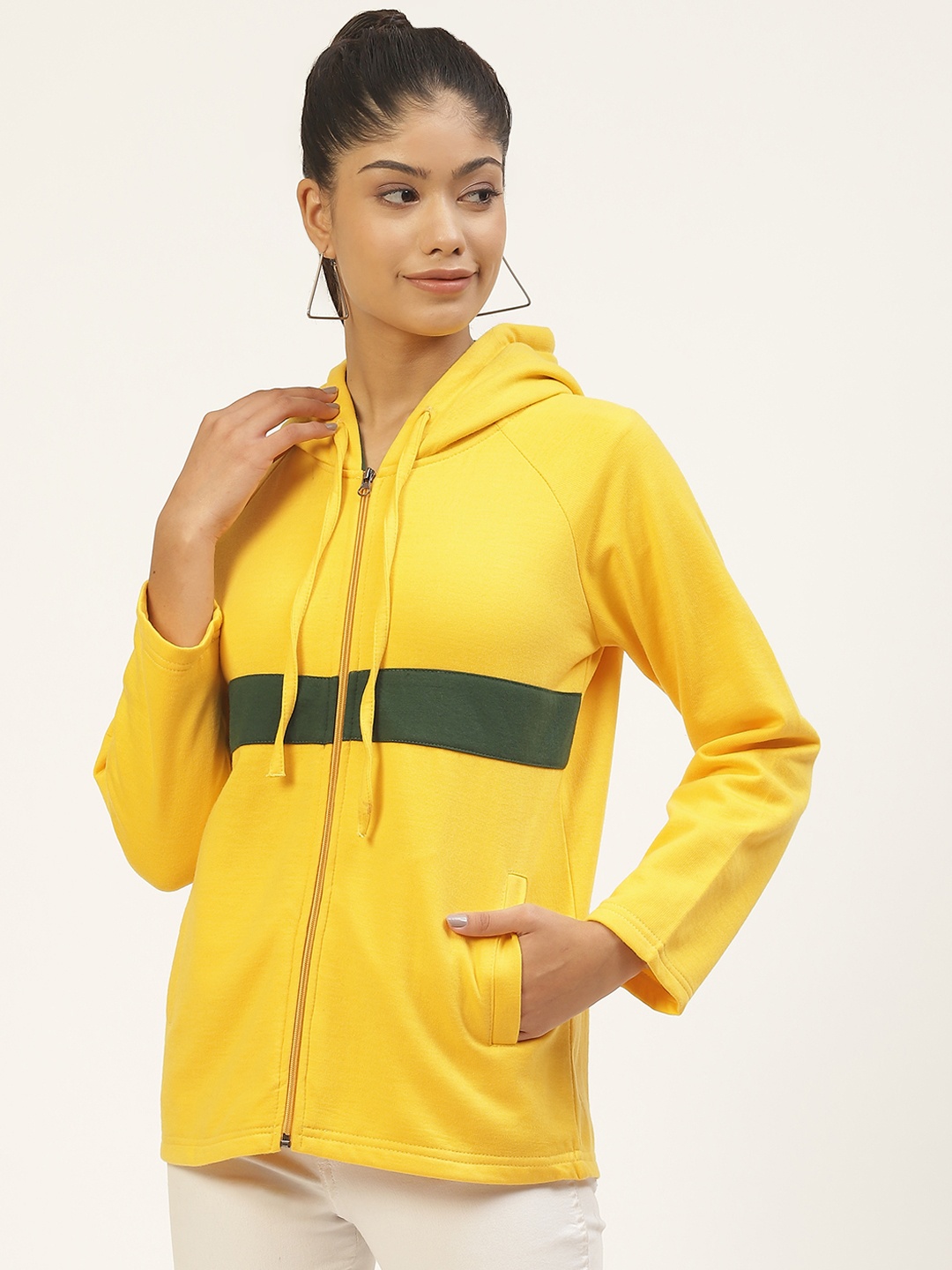

Alsace Lorraine Paris Women Yellow Colourblocked Hooded Sweatshirt