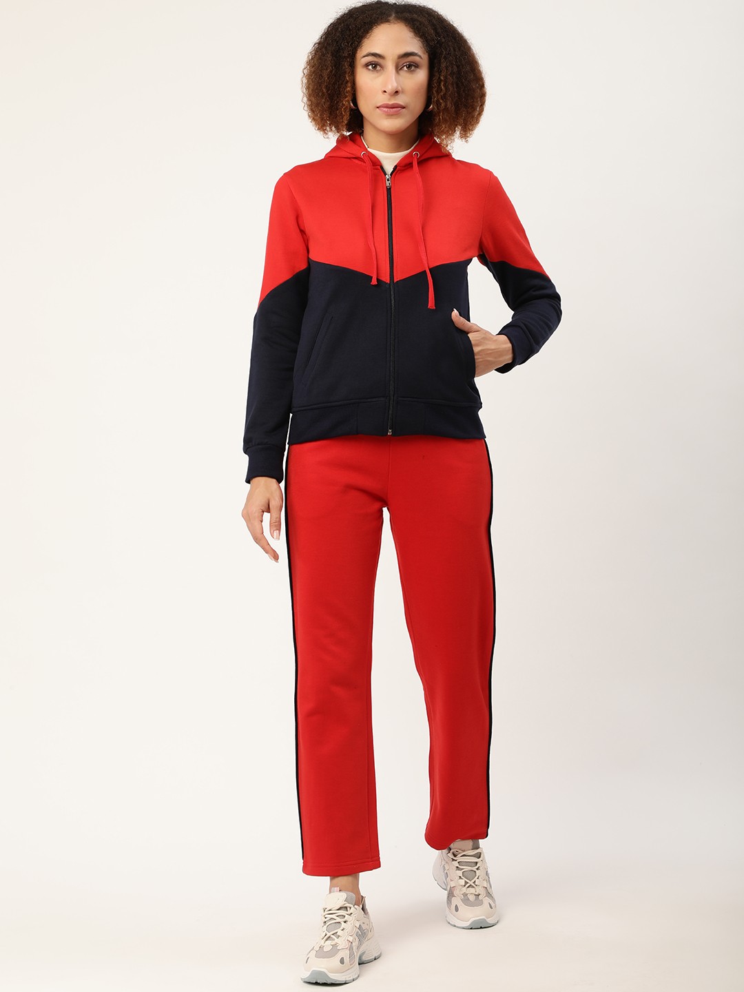 

Alsace Lorraine Paris Women Red & Navy Colourblocked Hooded Sweatshirt