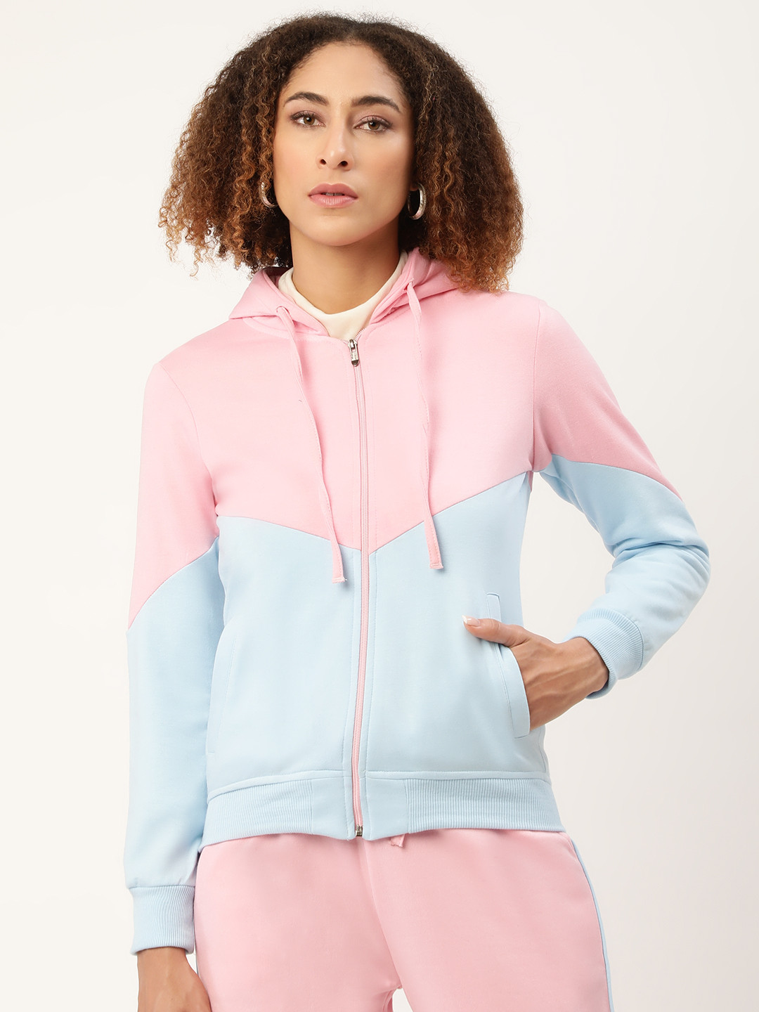 

Alsace Lorraine Paris Women Blue & Pink Colourblocked Hooded Sweatshirt
