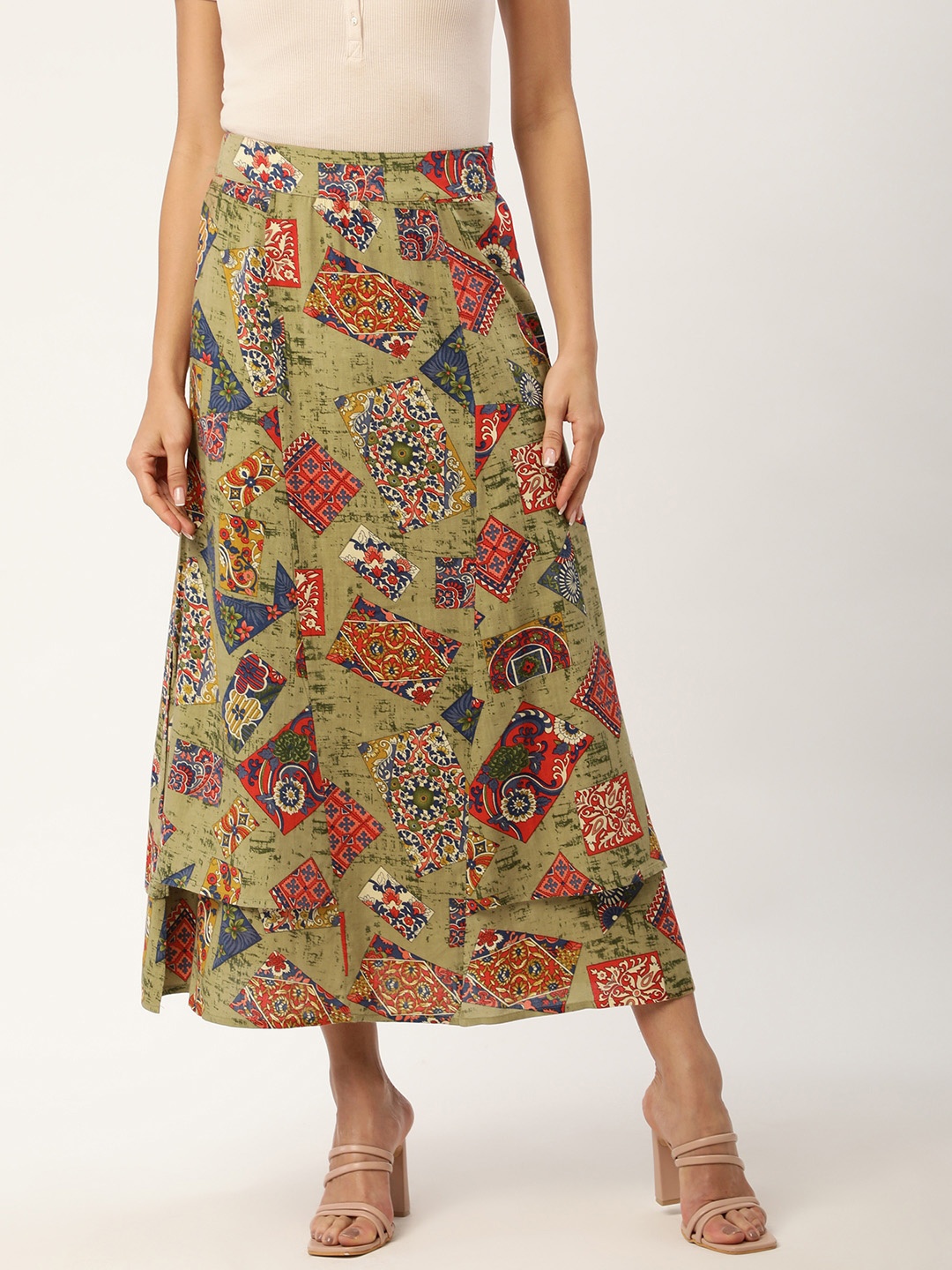 

Alsace Lorraine Paris Khaki & Red Printed Layered Midi Skirt