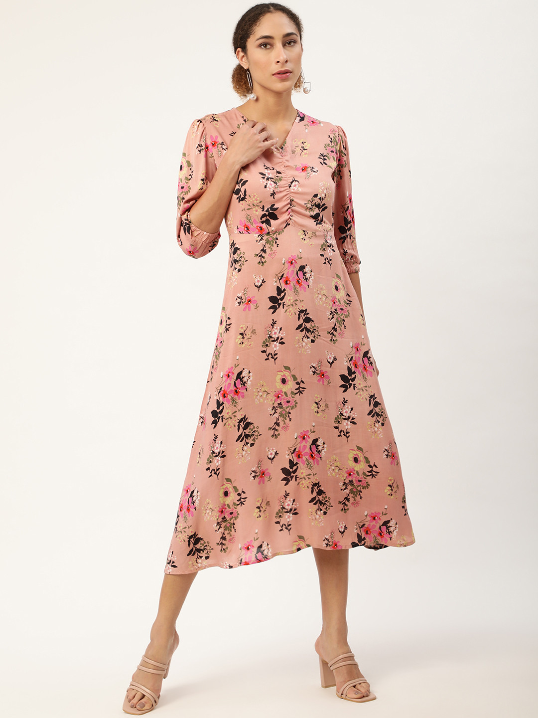 

Alsace Lorraine Paris Women Pink & Black Floral A-Line Midi Dress