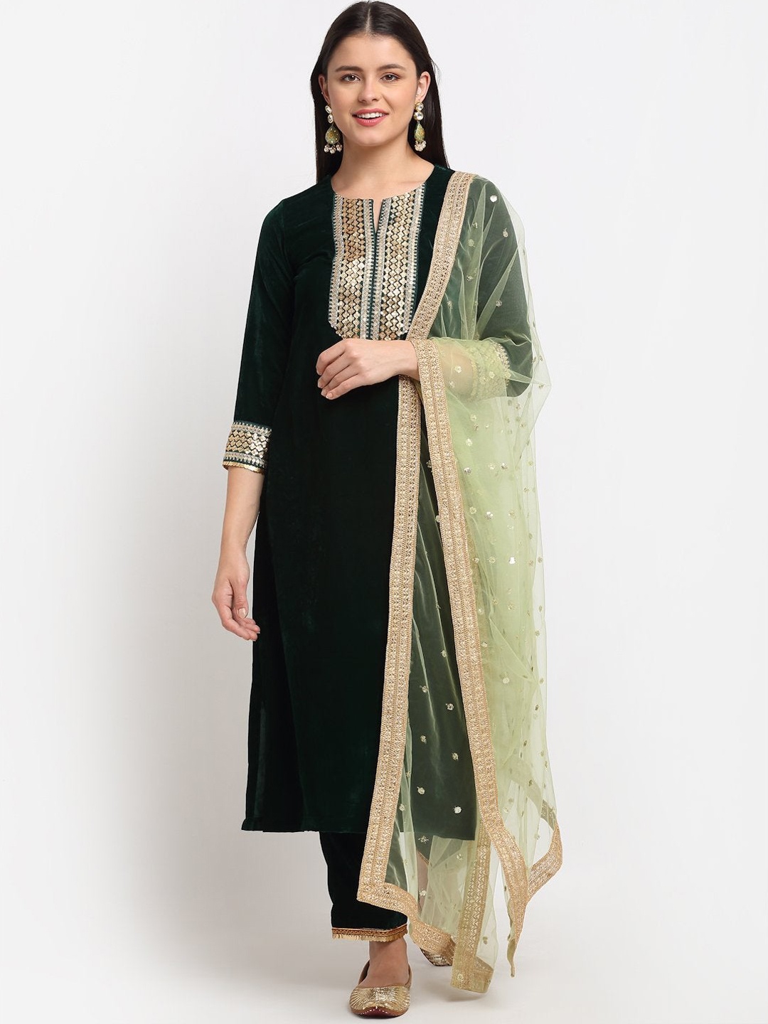

anokherang Women Green Velvet Kurta