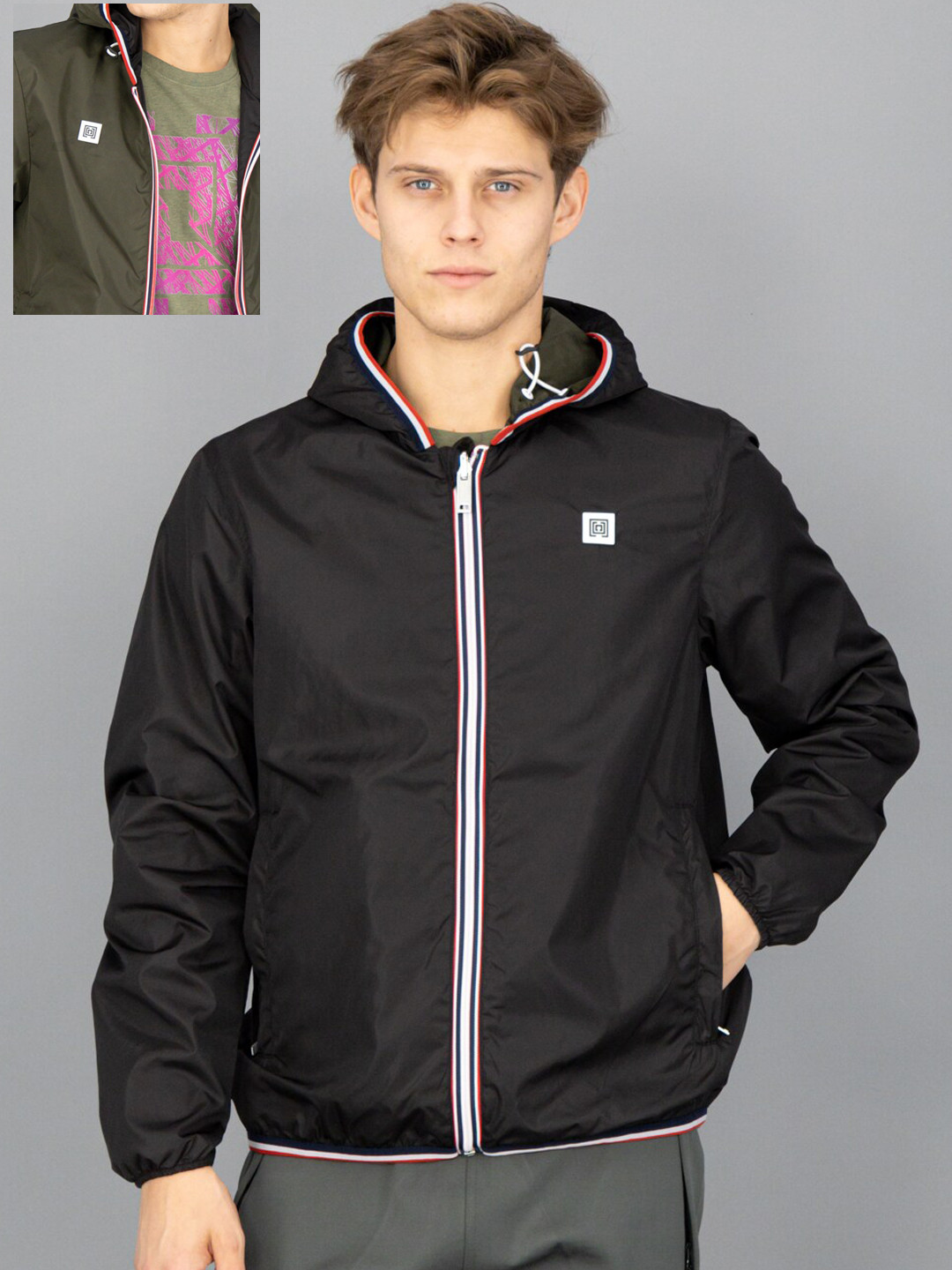 

FREESOUL Men Black And Olive Green Reversible Hooded Sporty Jacket