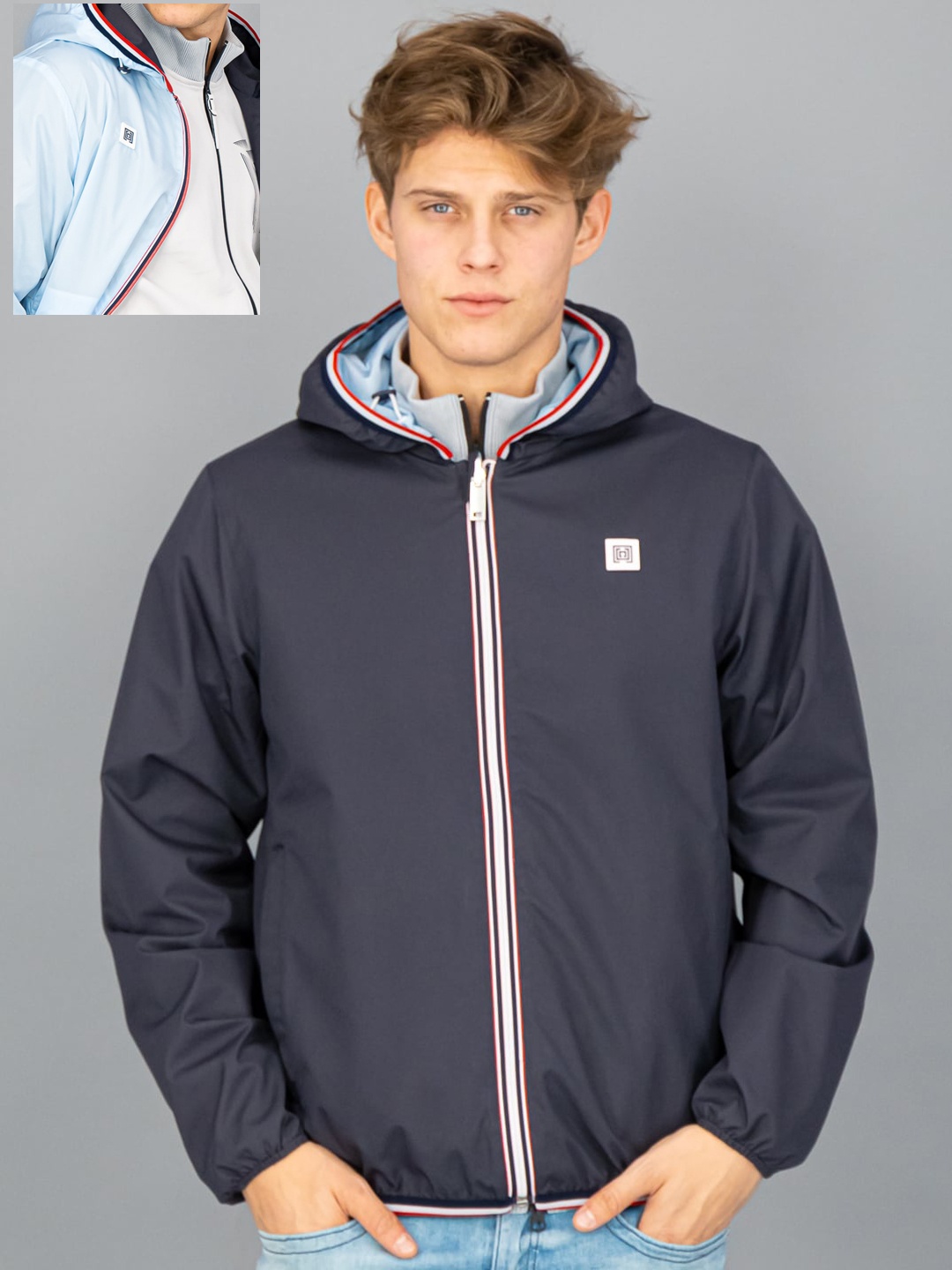 

FREESOUL Men Blue Reversible Hooded Bomber Jacket