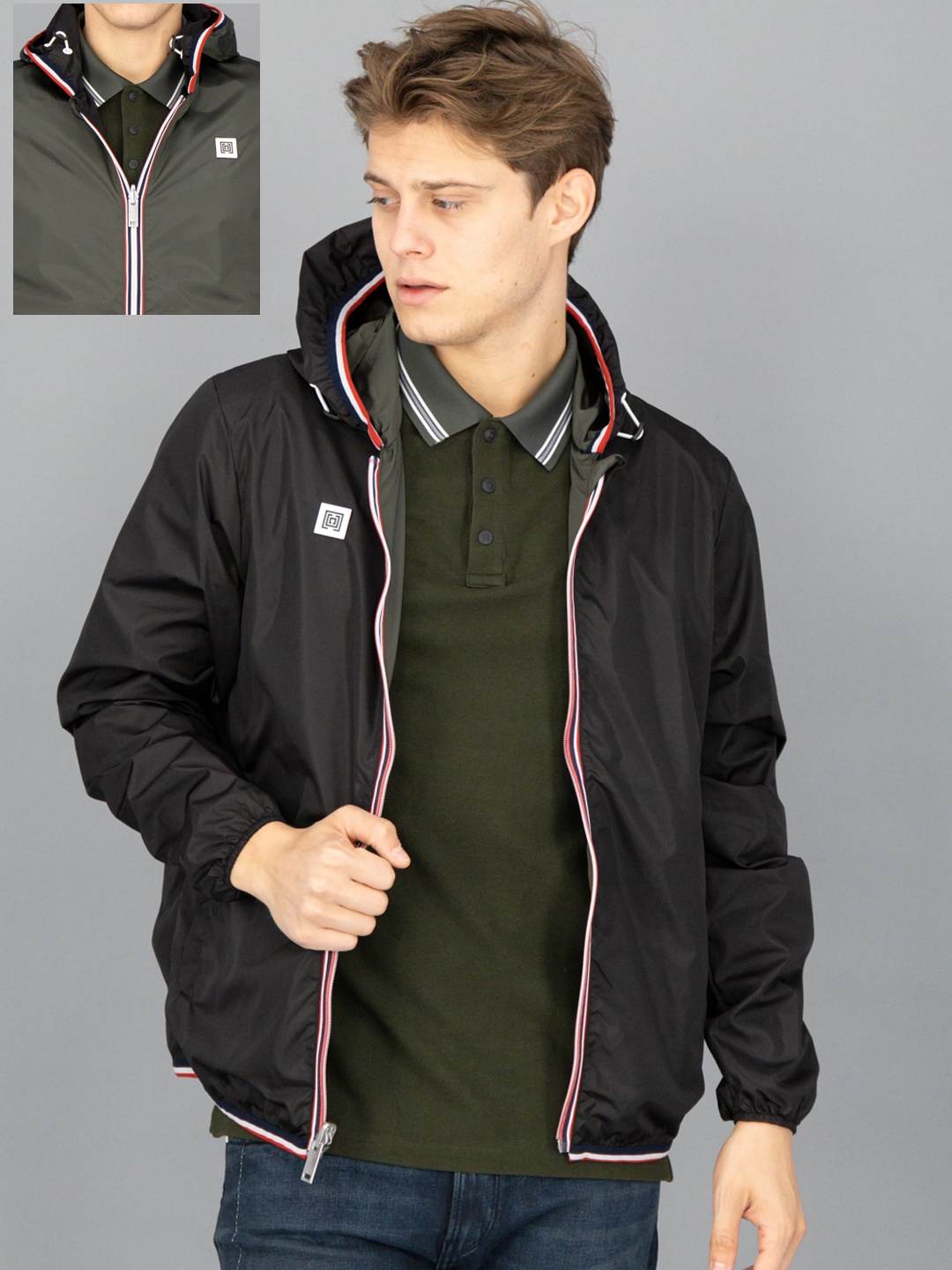 

FREESOUL Men Olive Green Solid Hooded Reversible Bomber Jacket