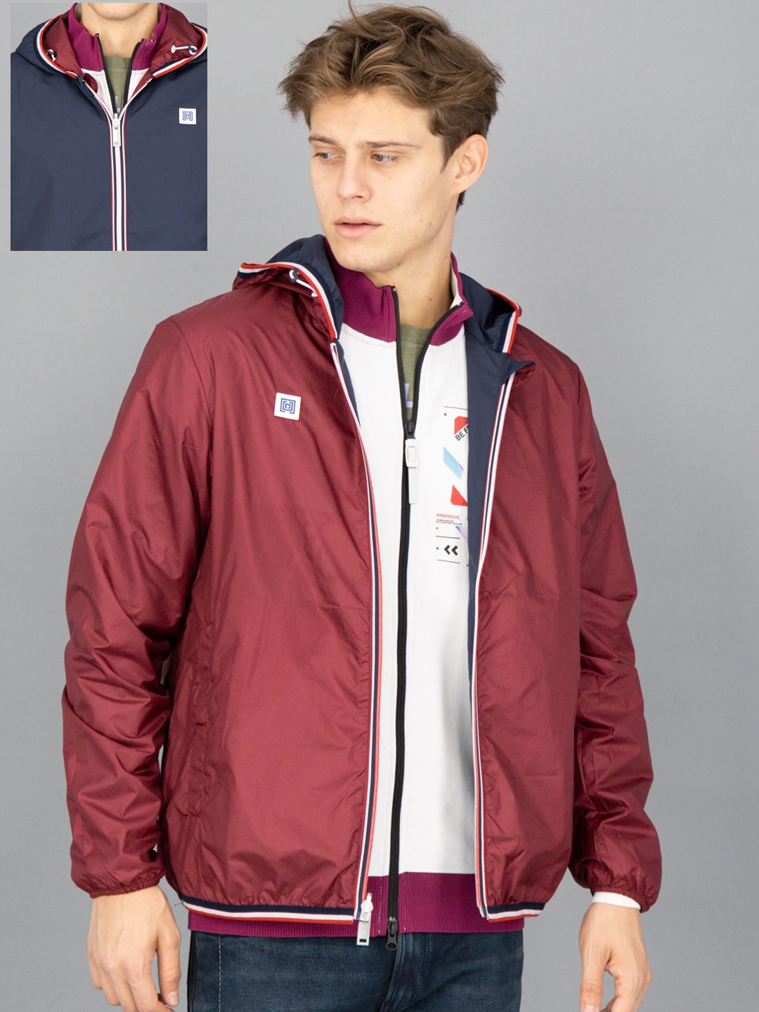 

FREESOUL Men Blue Maroon Reversible Bomber Jacket