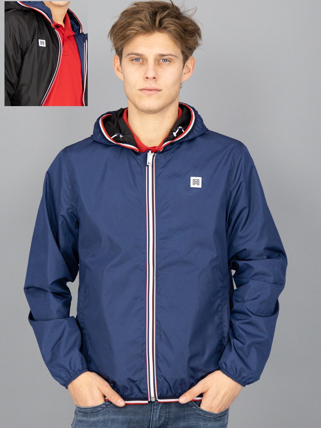 

FREESOUL Men Blue Black Reversible Hooded Open Front Jacket
