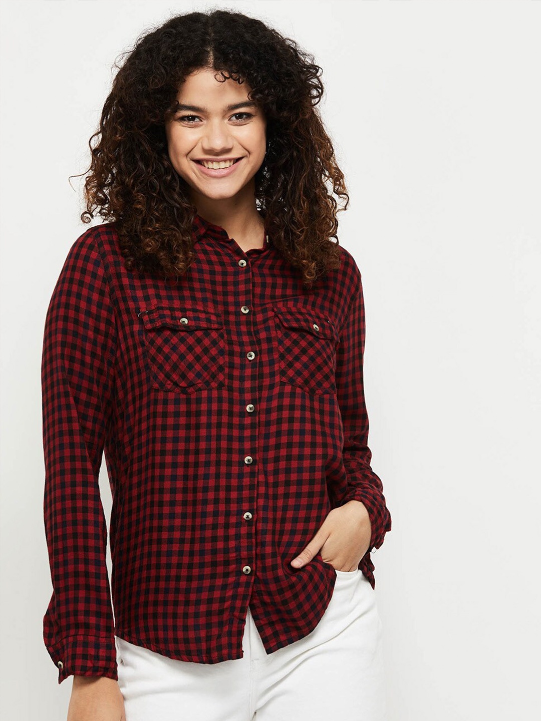 

max Women Red Checked Viscose Casual Shirt