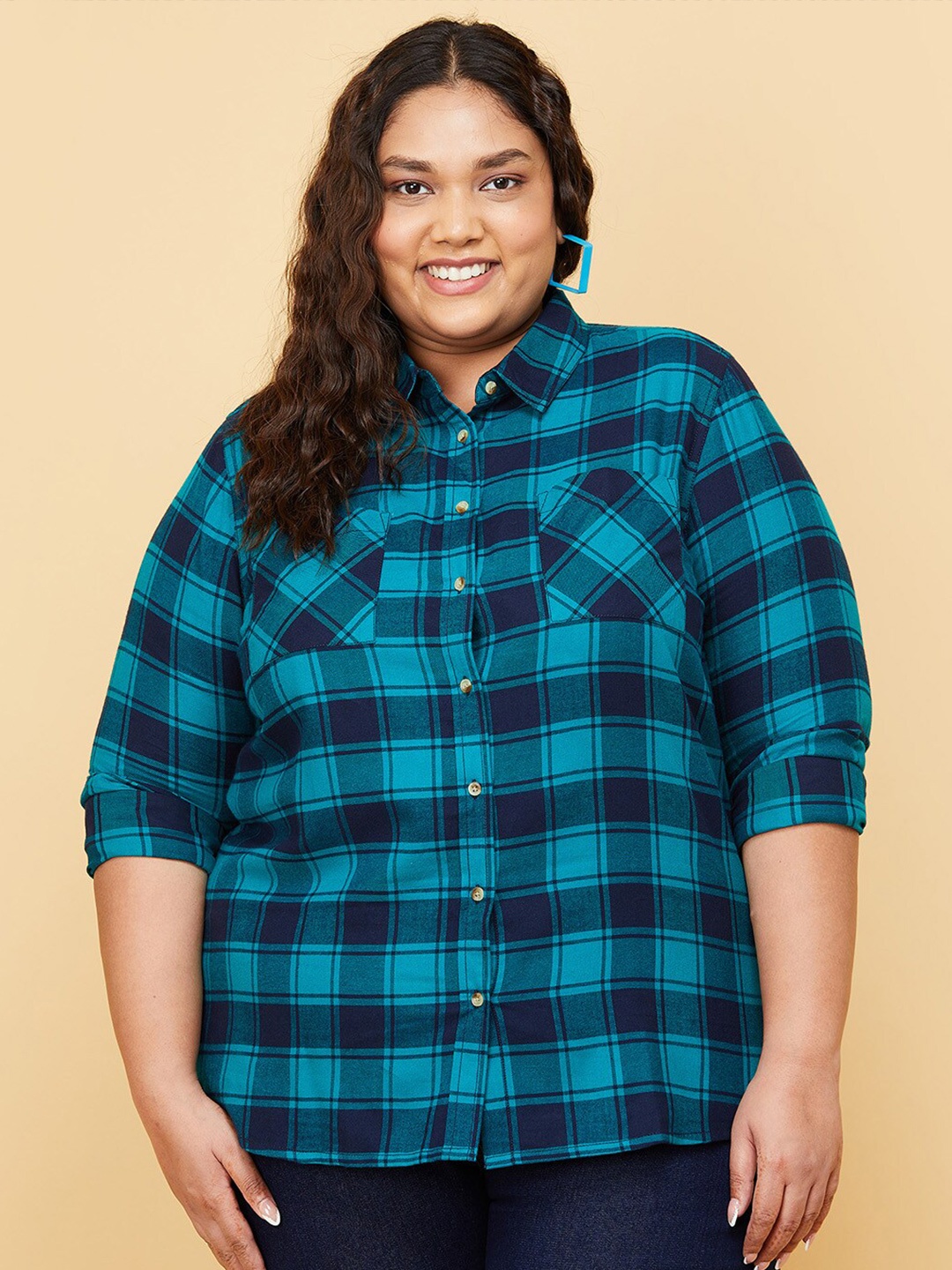 

max Women Teal Plus Size Cotton Checked Casual Shirt