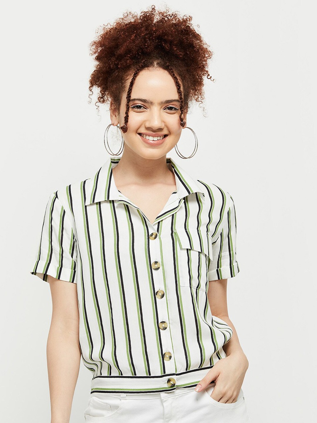 

max Women Cream-Coloured Striped Casual Shirt