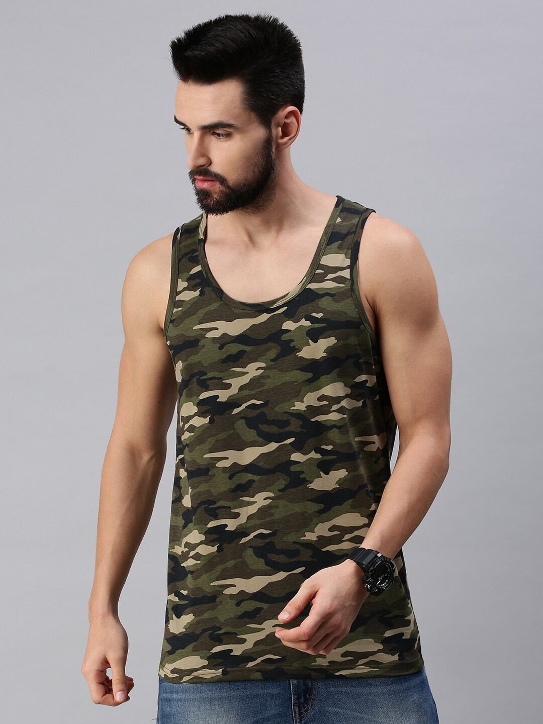 

PEPPYZONE Men Green & Beige Camouflage Printed Sleeveless T-shirt