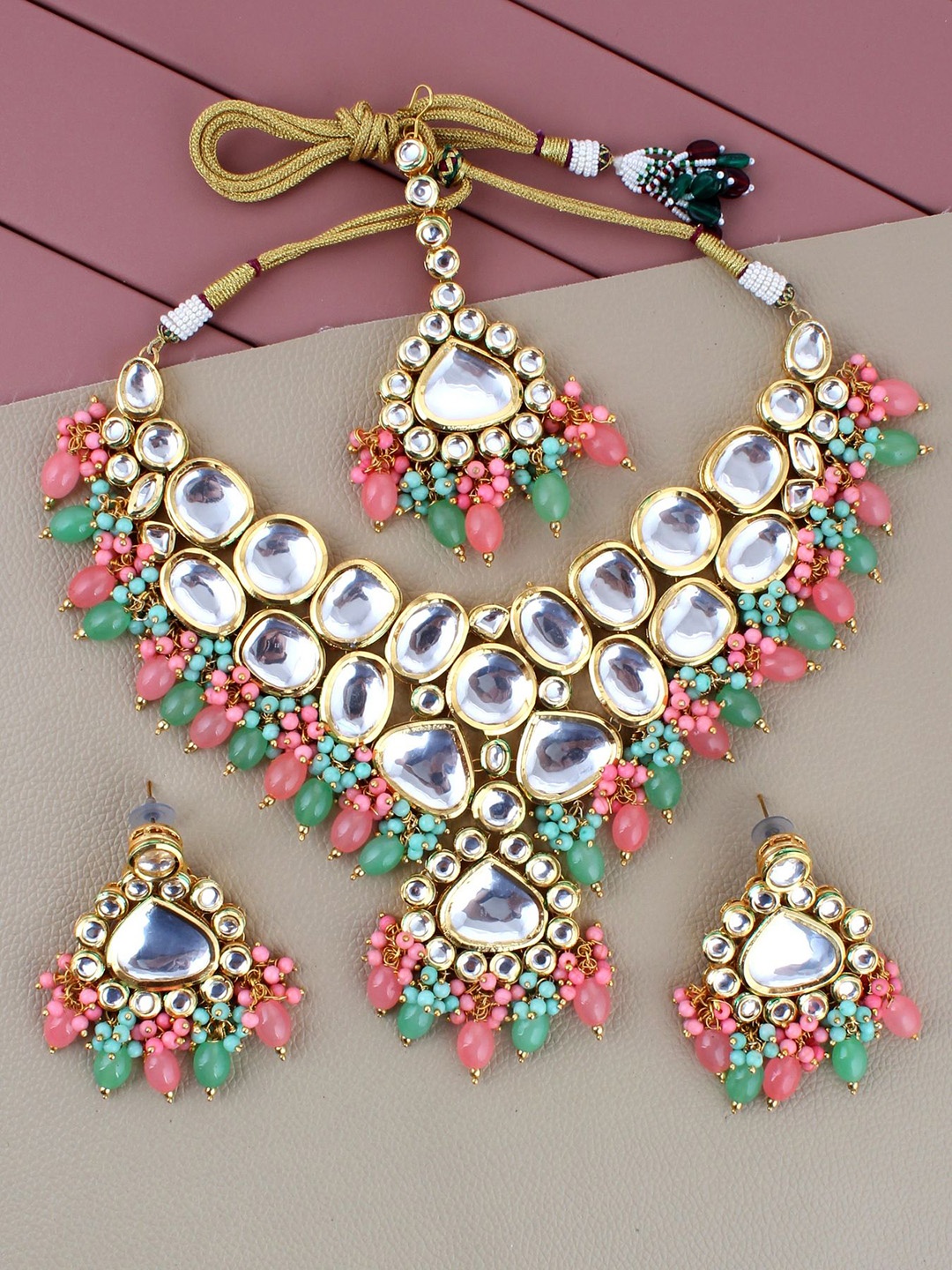 

LUCKY JEWELLERY 18 K Gold-Plated Pink & Green Kundan-Studded Jewellery Set