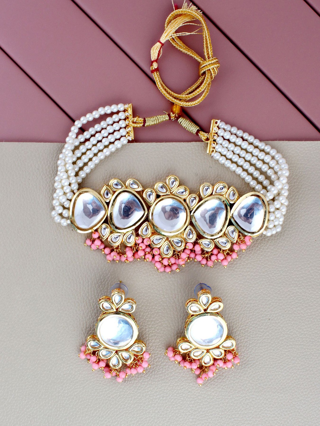 

LUCKY JEWELLERY Set Of 2 18 K Gold-Plated Pink Kundan-Studded & Beaded Jewellery Set