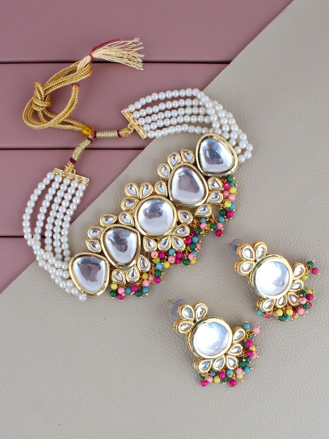 

LUCKY JEWELLERY 18K Gold-Plated White & Pink Kundan-Studded Meenakari Jewellery Set