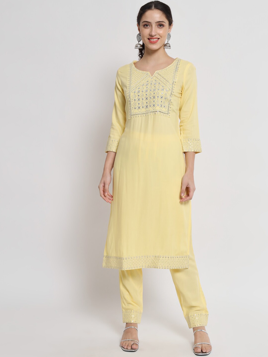 

BARKHA FAB Women Yellow Floral Embroidered Thread Work Kurta with Trousers