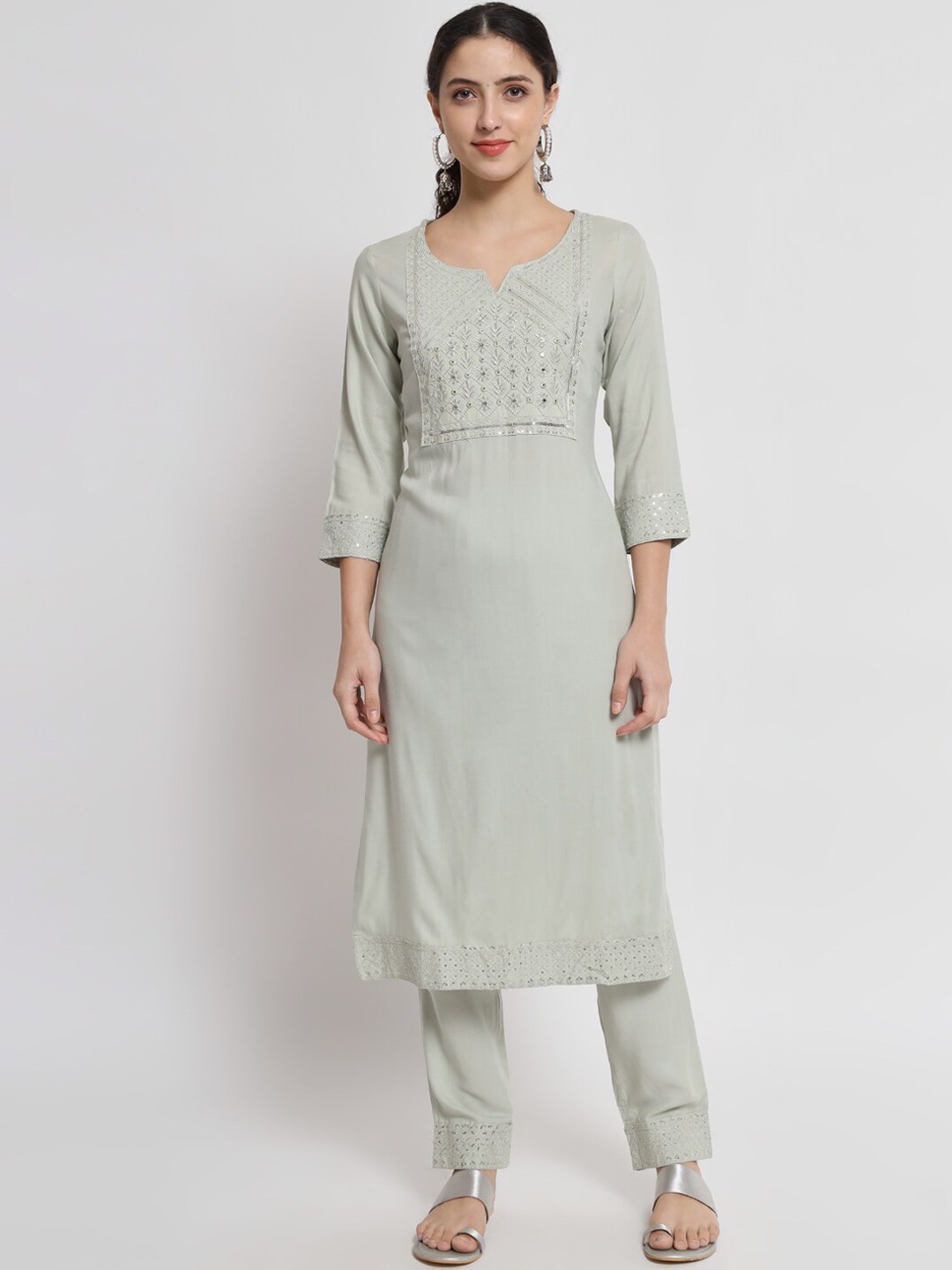 

BARKHA FAB Women Grey Embroidered Mirror Work Kurta with Trousers