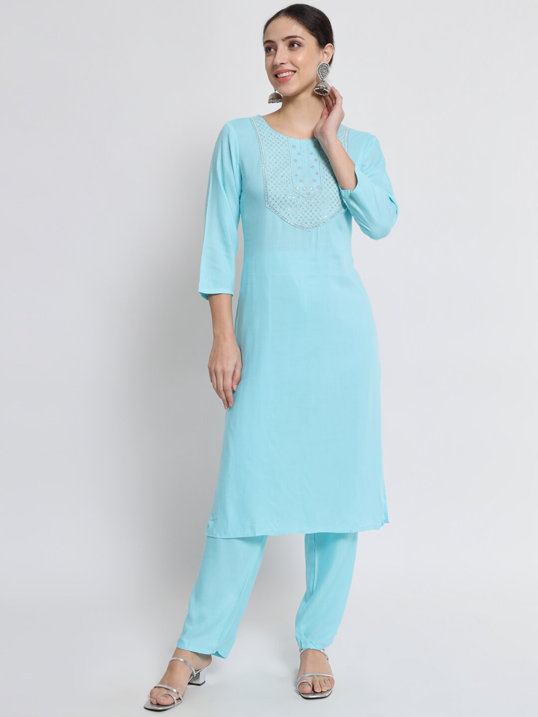 

BARKHA FAB Women Blue Embroidered And Embellished Yoke Kurta With Trouser