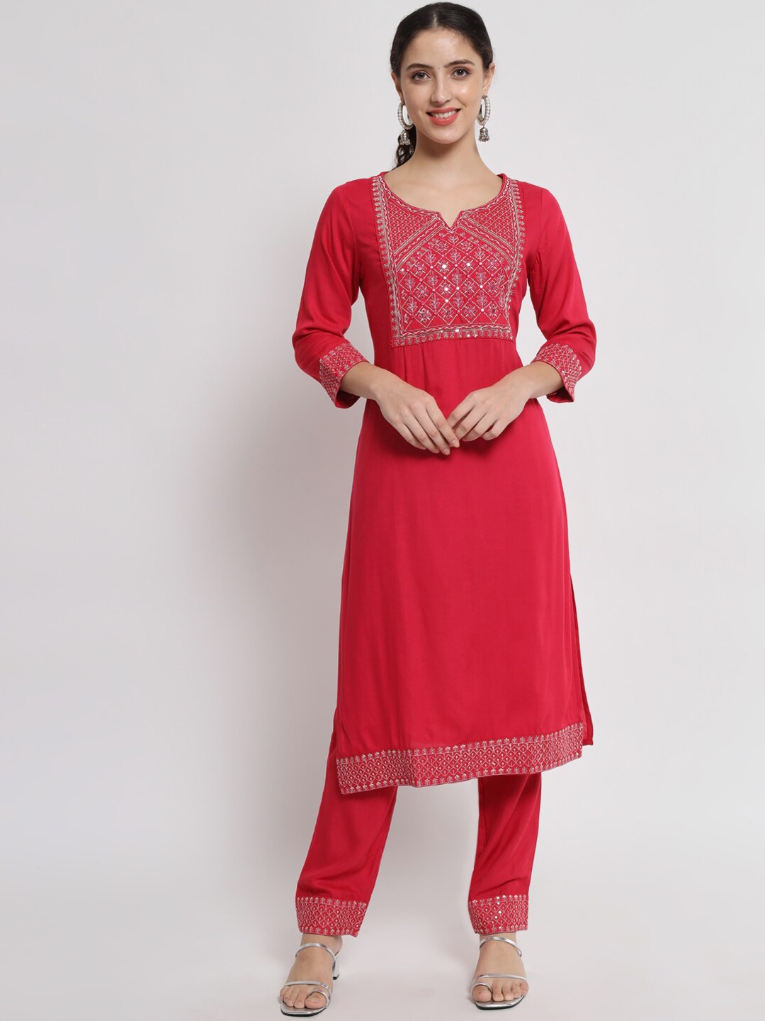 

BARKHA FAB Women Pink Yoke Design Thread Work Kurta with Trouser